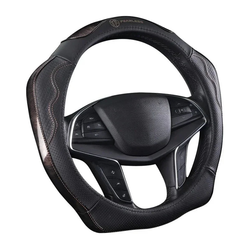 XMSJ High-end Cowhide Steering Wheel Cover for 14.5-15 inch Steering Wheel,Real Leather Steering Wheel Cover for Men Women